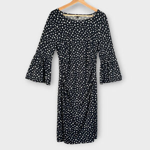 Talbots Liquid Knit Dress LARGE Ruched Waist Bell Sleeve Chic Black & White